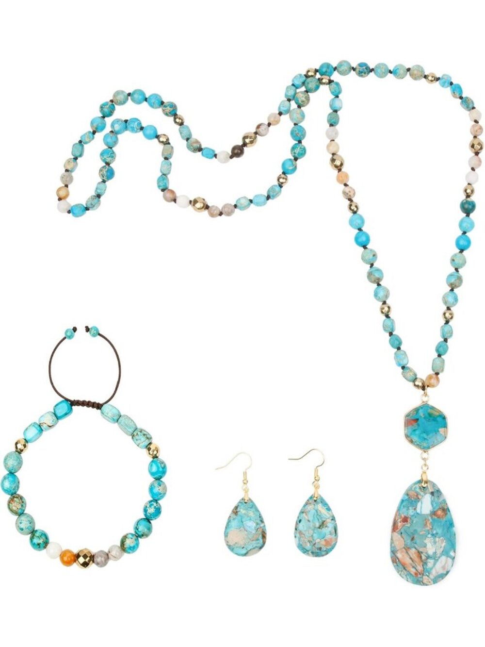 Handmade Boho Jewelry Set - Natural Stone Beaded Necklace & Gold Plated Earrings